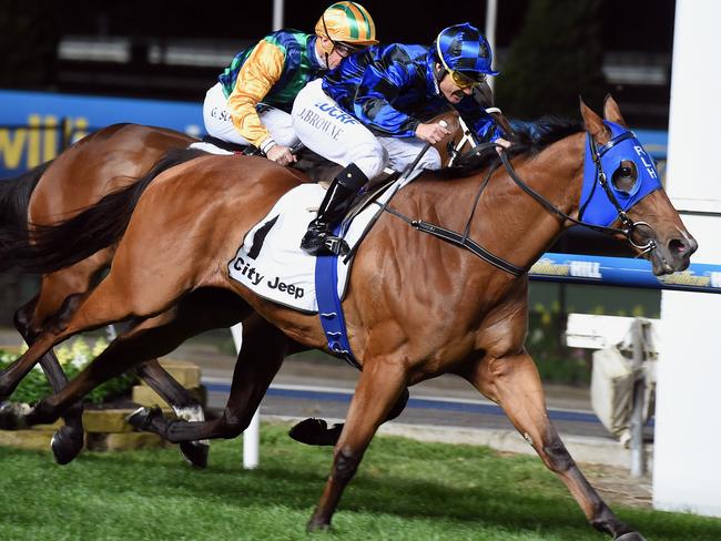 Buffering and Damian Browne combine to win the Group 1 Moir Stakes at Moonee Valley. Picture: Andy Brownbill