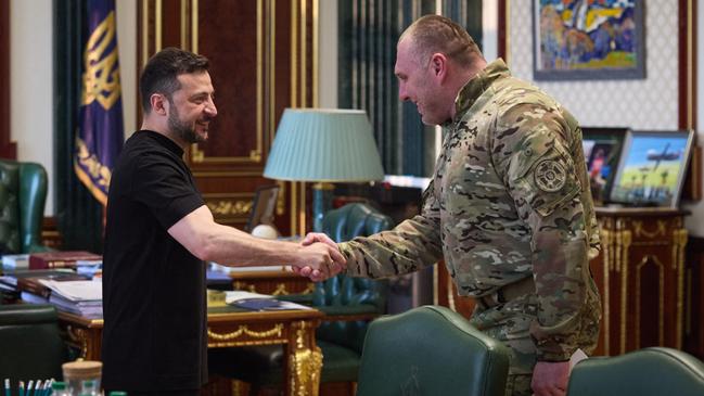 Ukrainian President Volodymyr Zelensky with the head of Ukraine’s Security Service Vasyl Malyuk (right) in Kyiv after the attack on Russia’s bombers. Picture: AFP