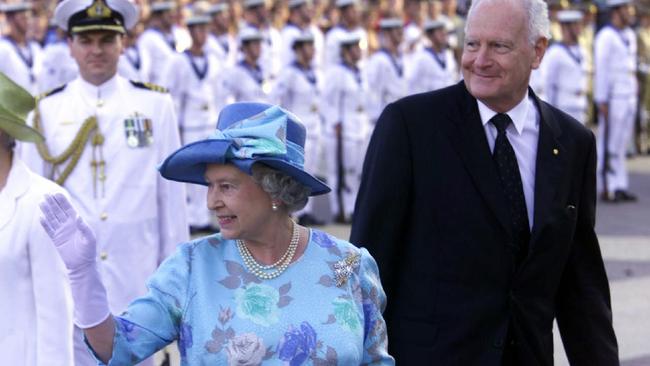 Queen Elizabeth with former governor-general Peter Hollingworth at South Bank during a royal visit to Brisbane.