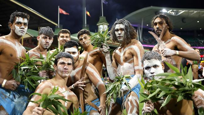 Indigenous performers during the Marn Grook match between the Sydney Swans and Carlton Blues for the AFL Sir Doug Nicholls Round on May 26, 2023. Picture: Phil Hillyard