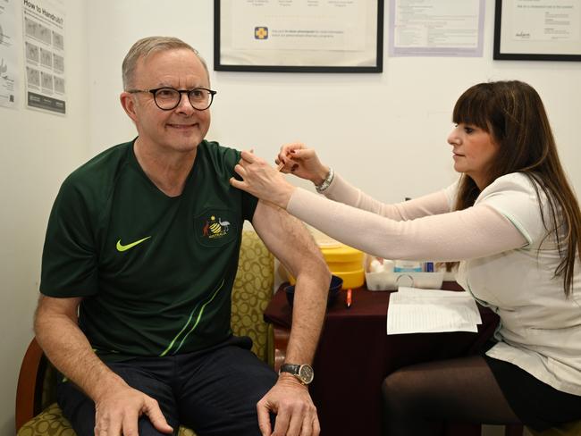 Prime Minister Anthony Albanese receives his fourth dose of the Covid vaccine. Picture: AAP