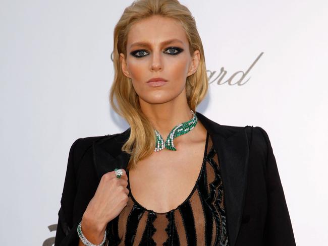 Model Anja Rubik wore a see-through Anthony Vaccarello top down the runway.