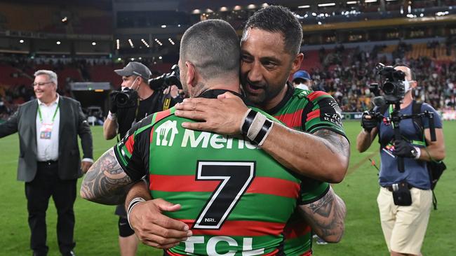 Souths players Adam Reynolds and Benji Marshall celebrate winning the NRL Preliminary Final against the Manly Sea Eagles at Suncorp Stadium. Picture: Bradley Kanaris/Getty Images