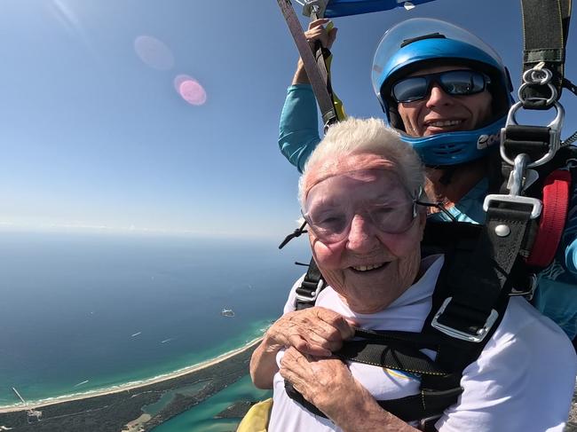 Betty Gregory skydives over Kirra Beach. Picture: Supplied