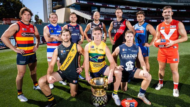 SANFL leaders at this week’s season launch. The Advertiser’s broadcast this week will feature the SANFL showdown between Adelaide and Port Adelaide live from Adelaide Oval. Picture: Tom Huntley