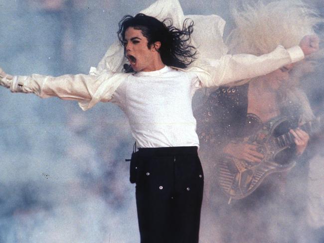 Pop superstar Michael Jackson performing during the halftime show at the Super Bowl in Pasadena. Picture: Rusty Kennedy