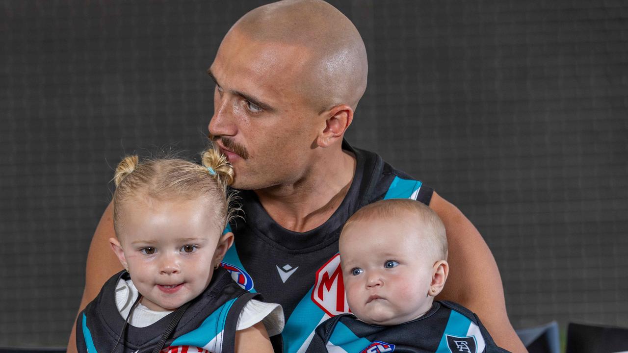 Sam Powell-Pepper and his kids at the Port team photo day. Pictured on February. Picture: Ben Clark