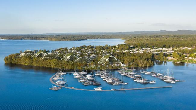 Artist's impression of the expanded Trinity Point Marina with the luxury `rolling hills’ hotel development behind it at Lake Macquarie. Picture: supplied