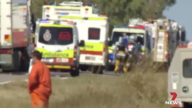 The scene of the Bruce Highway bus crash at Gumlu between Mackay and Townsville in which three people died and 27 were treated for injuries. Photo: 7 News.