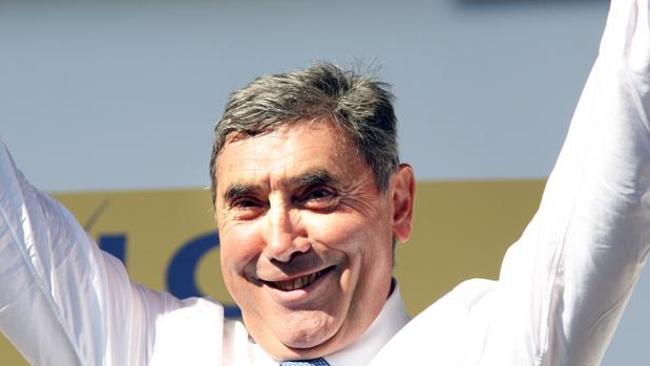 The legendary cyclist Eddy Merckx acknowledges his adoring fans in his home town of Meise in Belgium where celebrated his 65th birthday. 