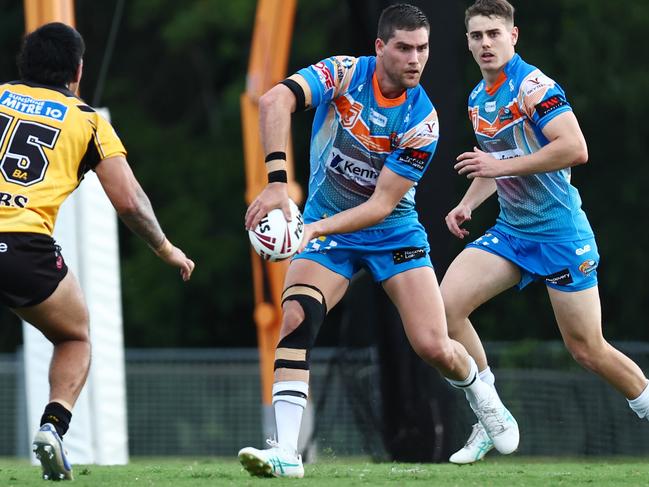 Pride's Evan Child sets up a play in the Hostplus Cup Queensland Rugby League (QRL) match between the Northern Pride and the Sunshine Coast Falcons, held at Barlow Park, Cairns Picture: Brendan Radke