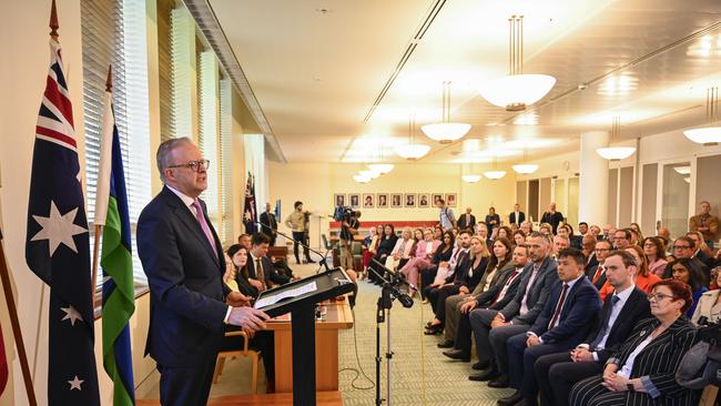 Prime Minister Anthony Albanese addresses the Australian Labor Party caucus at Parliament House in Canberra. Picture: NewsWire / Martin Ollman