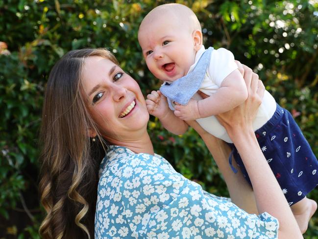 Louise Griffiths at home with four-month-old son Liam. Picture: Lachie Millard