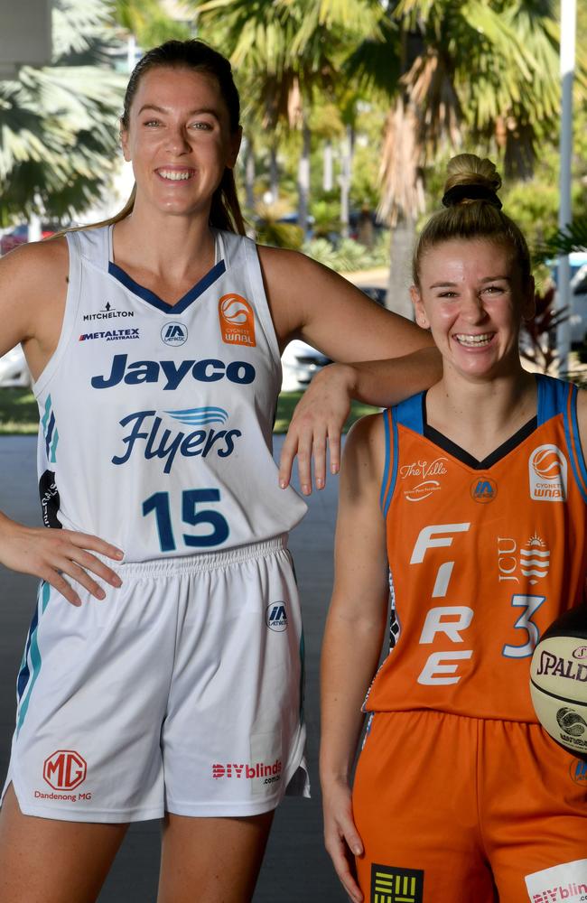 Townsville Fire at Entertainment Centre. Southside Flyers player Sara Blicavs and Fire's Steph Reid. Picture: Evan Morgan