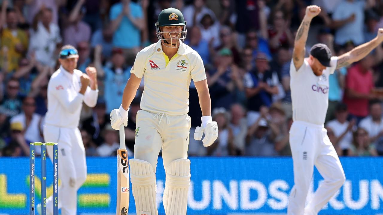 David Warner reacts after being dismissed by Stuart Broad. Picture: Getty Images