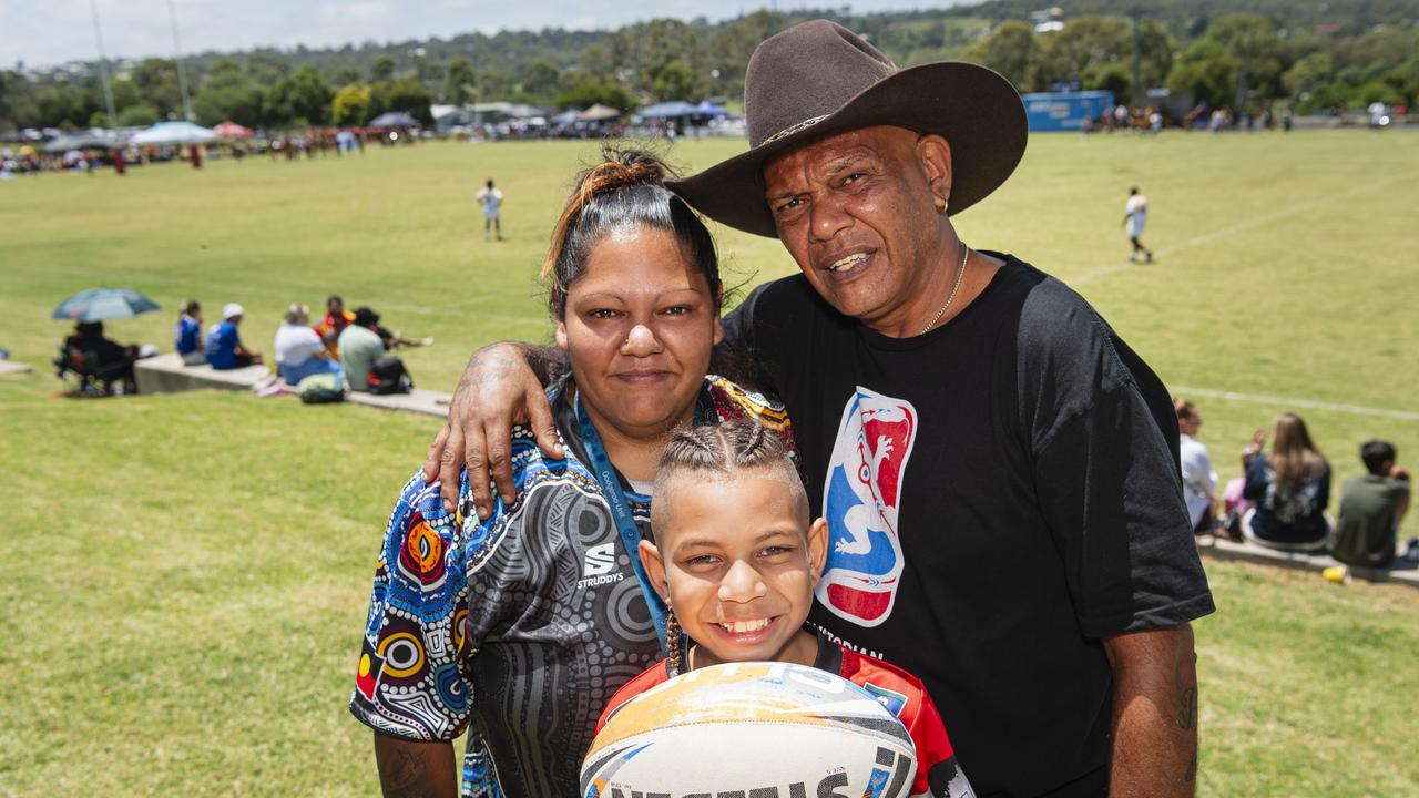 Supporting the Cherbourg teams are (from left) Charleston Bligh, Elijah Bligh and Steven Button at the Warriors Reconciliation Carnival at Jack Martin Centre, Saturday, January 25, 2025. Picture: Kevin Farmer