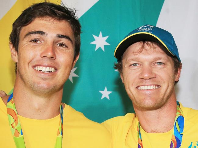 Silver Medalists  Iain Jensen and  Nathan Outteridge    as the Australian Sailing team are welcomed back from Rio at Middle Harbour Yacht Club,  Sydney. pic Mark Evans