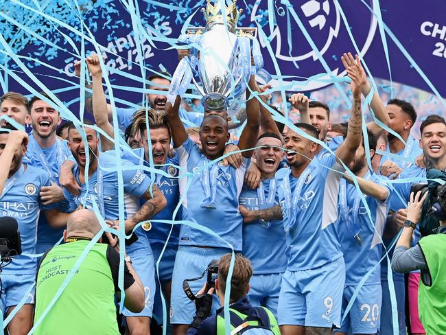 Fernandinho of Manchester City lifts the Premier League trophy. Picture: Stu Forster/Getty Images