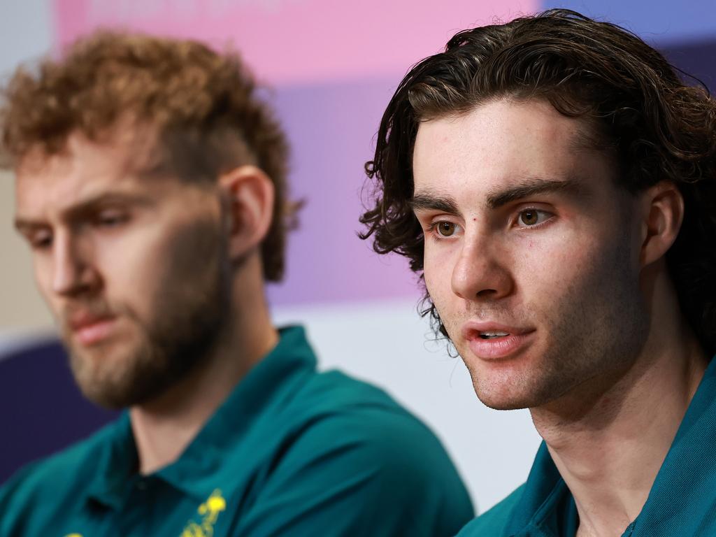 Jock Landale with Josh Giddey at a pre-Olympics press conference. Picture: Arturo Holmes/Getty Images