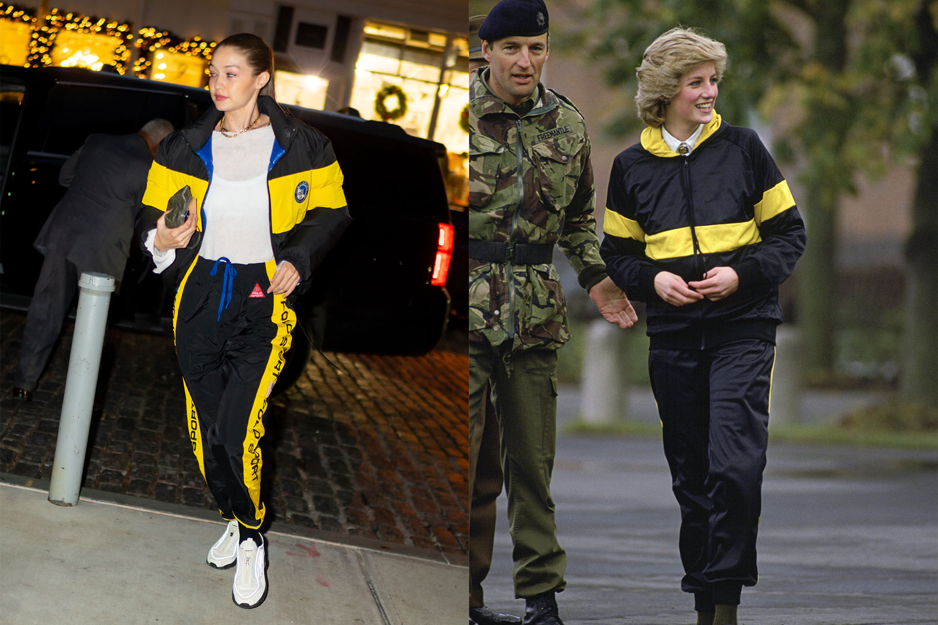 <h3>Gigi Hadid</h3><p>Which two style icons can make a bold, full body black and yellow tracksuit set work for them? Princess Diana and Gigi Hadid, of course. For her 1985 visit to The Regiment in Berlin, Princess Diana wore this legendary black and yellow tracksuit, one of her first known forays into the athleisure aesthetic she would champion in later years. In 2019, Gigi Hadid stepped out in New York City, paying tribute to Lady Di in a black and yellow Ralph Lauren set, pairing it with a white tee and sneakers.</p>