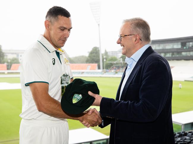 CANBERRA, AUSTRALIA - NOVEMBER 30: Scott Boland of the PM's XI is pictured with Australian Prime Minister Anthony Albanese before day one of the tour match between Prime Minister's XI and India at Manuka Oval on November 30, 2024 in Canberra, Australia. (Photo by Mark Nolan/Getty Images)