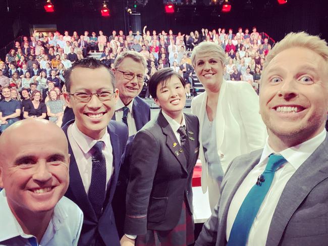 Flagship ABC panel show Q+A is making plans to film and air without an live studio audience as soon as next week amid coronavirus fears. Host Hamish McDonald poses for a selfie after the show.