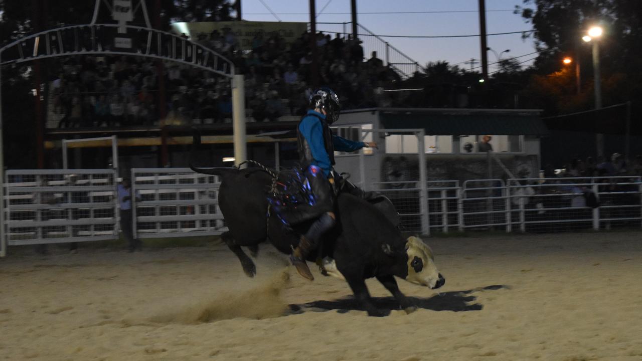 Blake Christie competing in the U15s bull ride event at the Warwick NYE Rodeo. Picture: Jessica Paul