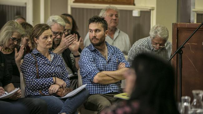 Developer Daniel Hackett, centre, sits grim faced at the Central Highlands Council meeting held to vote on Lake Malbena development. Picture: EDDIE SAFARIK