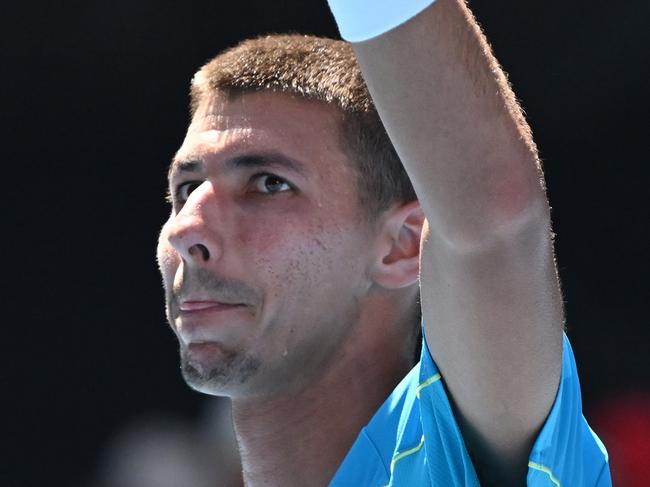 MELBOURNE, AUSTRALIA - JANUARY 15: Alexei Popyrin of Australia celebrates match point in their round one singles match against Marc Polmans of Australia during the 2024 Australian Open at Melbourne Park on January 15, 2024 in Melbourne, Australia. (Photo by Morgan Hancock/Getty Images)