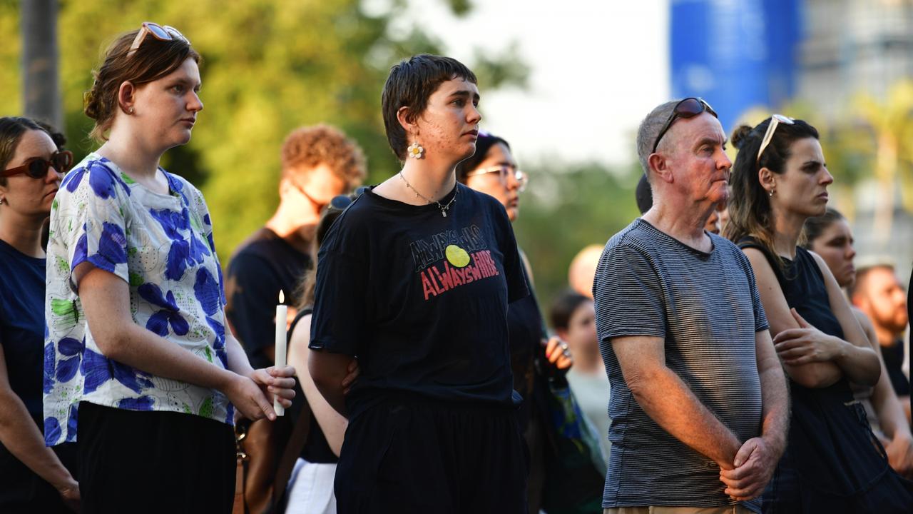 Hundreds of Top End residents gathered outside the NT Parliament on Wednesday during a vigil for Kumanjayi White, a 24-year-old Warlpiri man with a disability who died after being restrained by police in the Alice Springs Coles. Picture: Zizi Averill