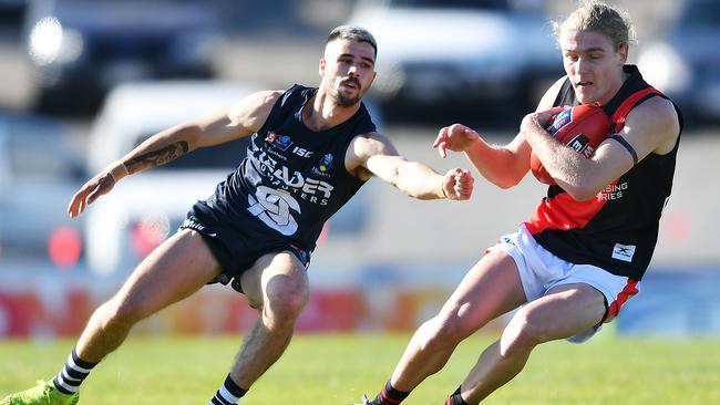 West Adelaide’s Elliot Dunkin competes with Panther Eamon Wilkinson during Round 5 of the SANFL .Picture: Mark Brake