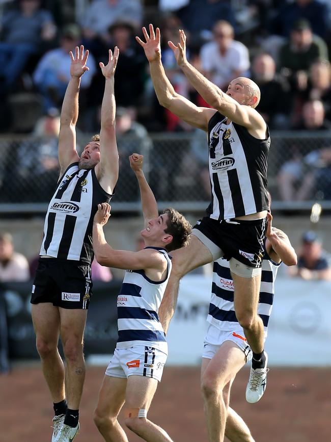 Wangaratta coach Ben Reid soars for a mark in the grand final. Picture Yuri Kouzmin