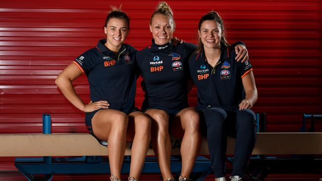 Crows AFLW midfielders (L-R) Ebony Marinoff, Erin Phillips and Anne Hatchard. Picture: Tricia Watkinson