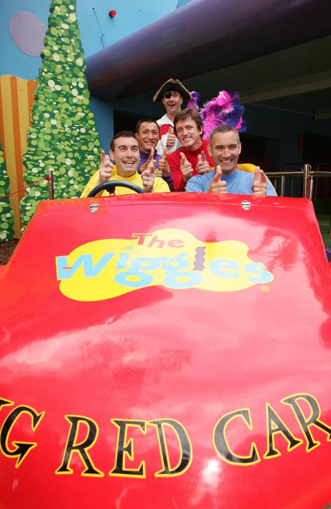 Wiggles rock at Dreamworld on the opening day of Wiggles World (now ABC Kids World) in 2005. Picture: Donna Cosford