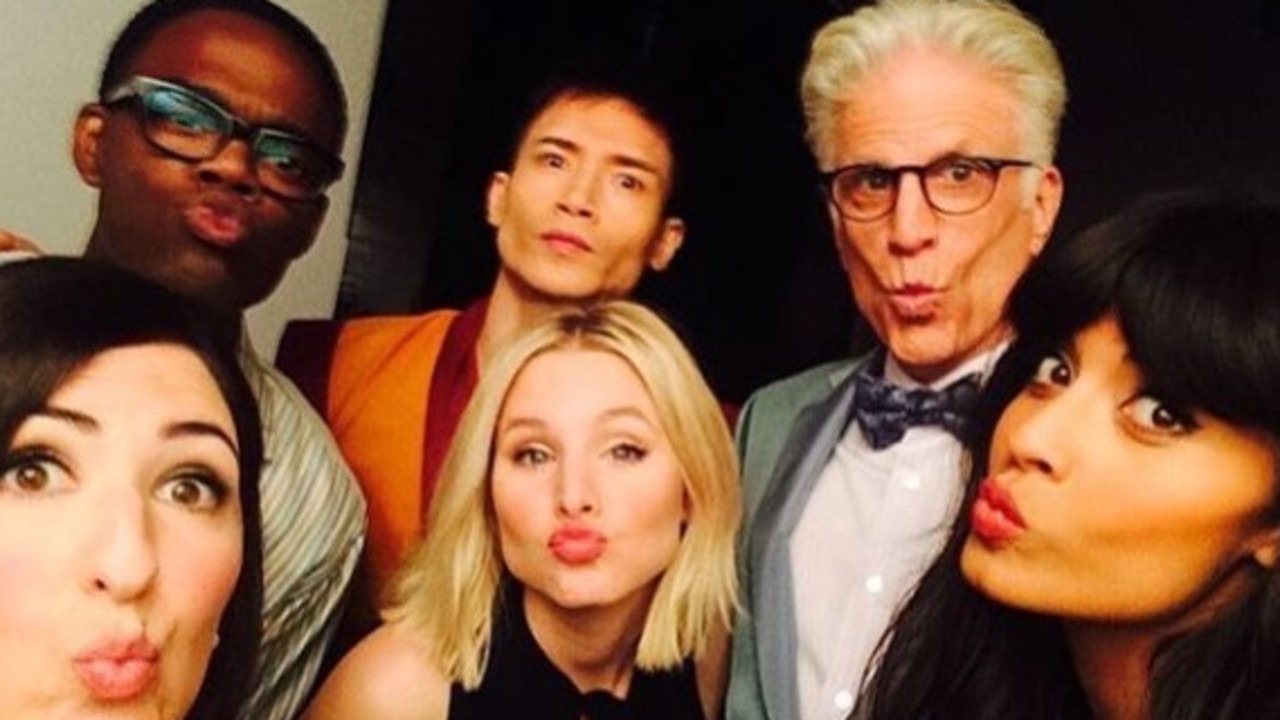 Jameela Jamil, far right, pictured with her The Good Place co-stars. Picture: Instagram