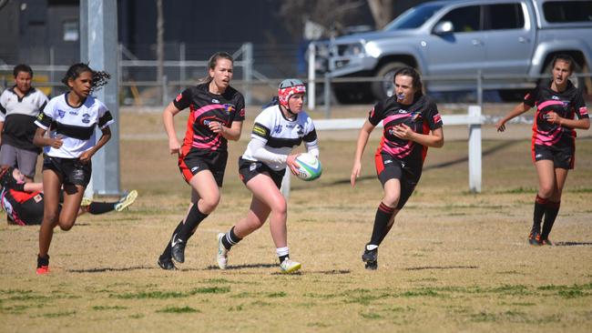 ON FIELD: Warwick Water Rats player Emily Byrne on the attack in sevens women's rugby union this season. Picture: Gerard Walsh