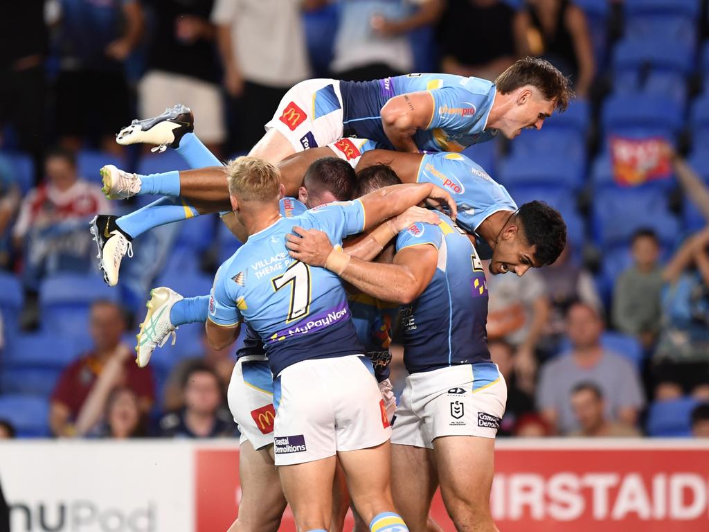 NRL Photos. March 30, 2024. Gold Coast Titans celebrate first try of round 4 against the Redcliffe Dolphins