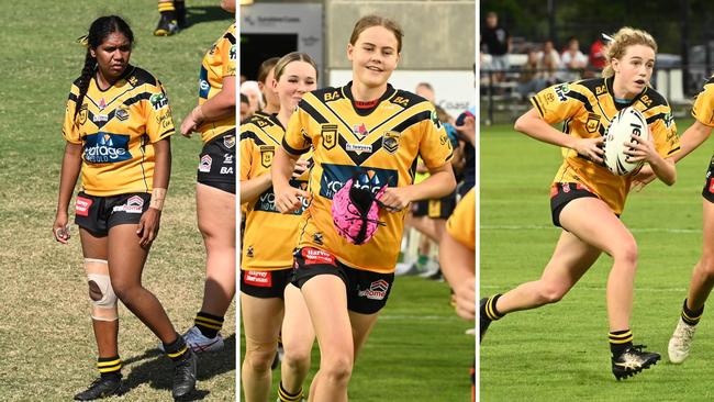 Sunshine Coast Falcons 2023 U19s women’s players Nancy Sullivan, Takoda Thompson and Lila Parr. Picture: kyliesfootyphotos/Kylie McLellan