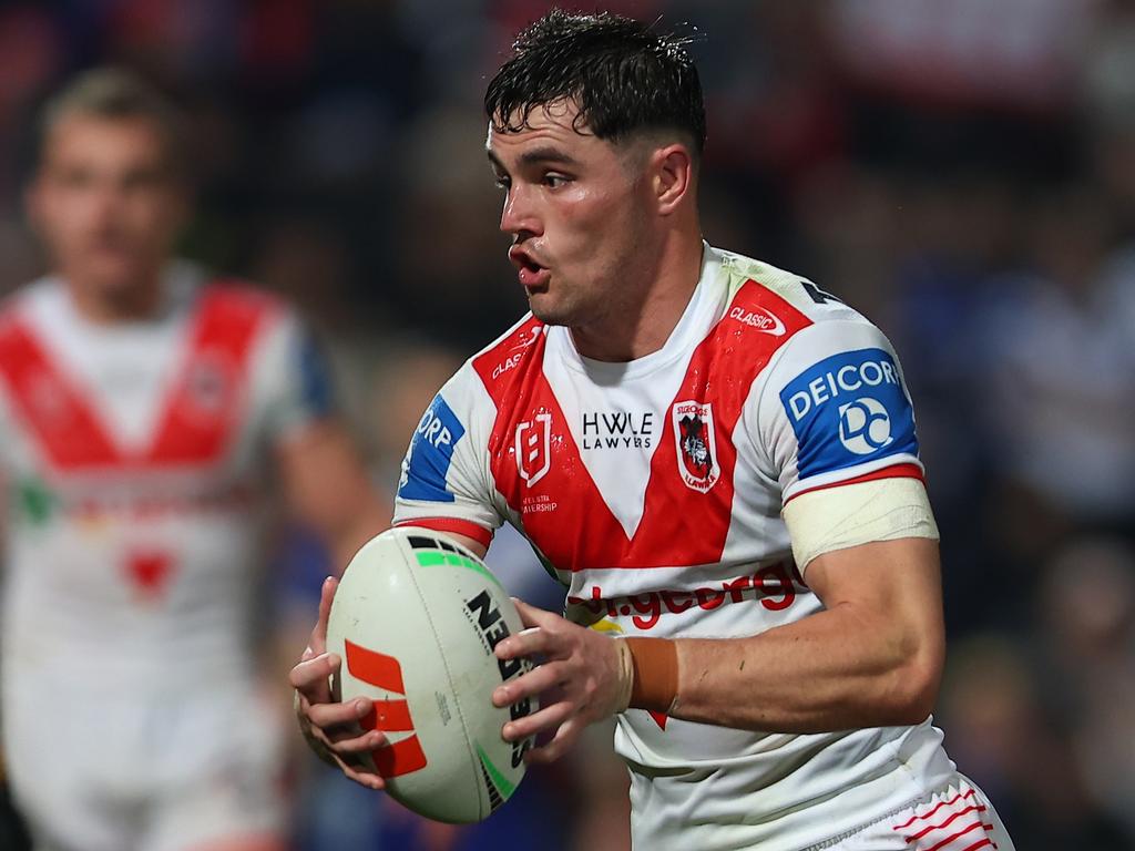 The Dragons will argue Kyle Flanagan as accosted on the ground by Stephen Crichton. Picture: Jeremy Ng/Getty Images