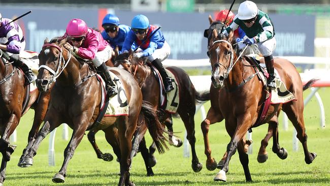 Fangirl (Jason Collett, cerise silks) wins the Apollo Stakes at Randwick on February with Via Sistina (Kerrin McEvoy, white cap) running home behind. Picture: Jeremy Ng / Getty Images