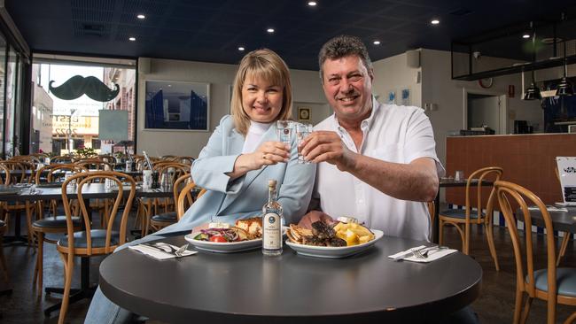 MAVS Greek restaurant owners Milton Mavromoustakos and Julia Ryabova celebrating receiving two big state awards. Picture: Brad Fleet