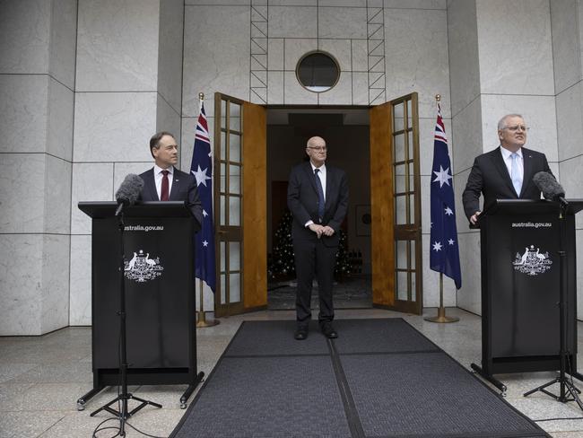 CANBERRA, AUSTRALIA-NCA NewsWire Photos DECEMBER 03 2020.The Prime Minister Scott Morrison with Greg Hunt and Deputy Secretary, Health Products-Adjunct Professor John Skerritt Regulation Group during a press conference at Parliament House in Canberra.Picture: NCA NewsWire / Gary Ramage