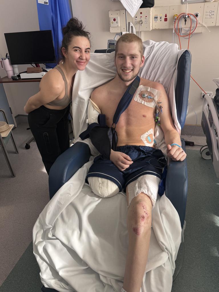 Blake Peterson in hospital after his motocycle crash with a taxi has been supported by his girlfriend Sienna Nilsen. Picture: Supplied.