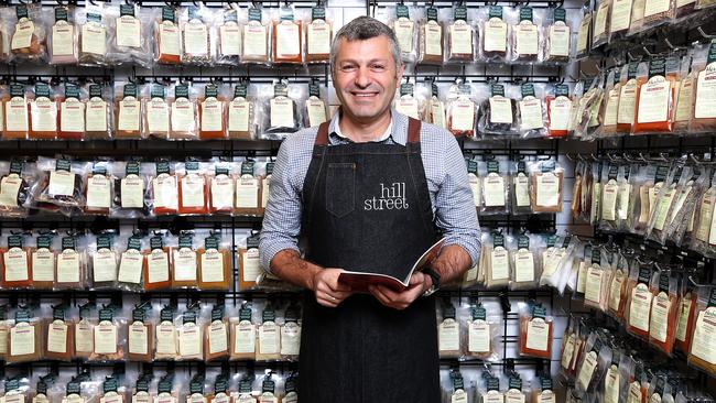 For Elaine Reeves. Nick Nikitaras with the large range of Herbie's Herbs in the new store. Preview to the opening of the new Hill Street Grocer store at West Hobart.