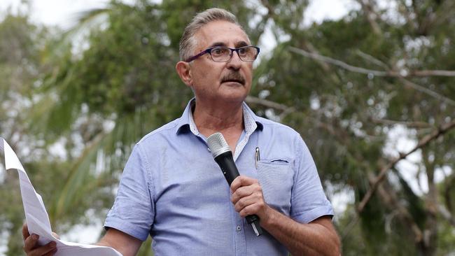 Protesters gather in Carey Park. Eddy Sarroff speaks. Picture: Tertius Pickard.