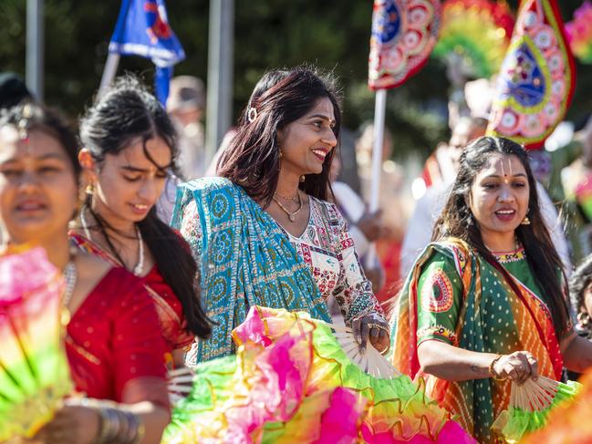 Minal Patel (centre) dancing in front of the chariot at Toowoomba's Festival of Chariots, Saturday, July 20, 2024. Picture: Kevin Farmer