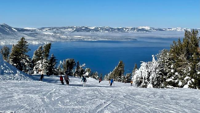 Skiers enjoy great views of Lake Tahoe.