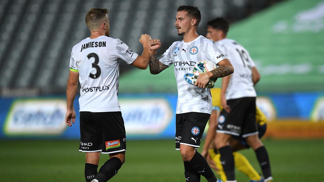 Scott Jamieson (left) has the support of Jamie Maclaren and the entire Melbourne City club in deciding to miss the rest of the season. Picture: AAP Image/Dan Himbrechts