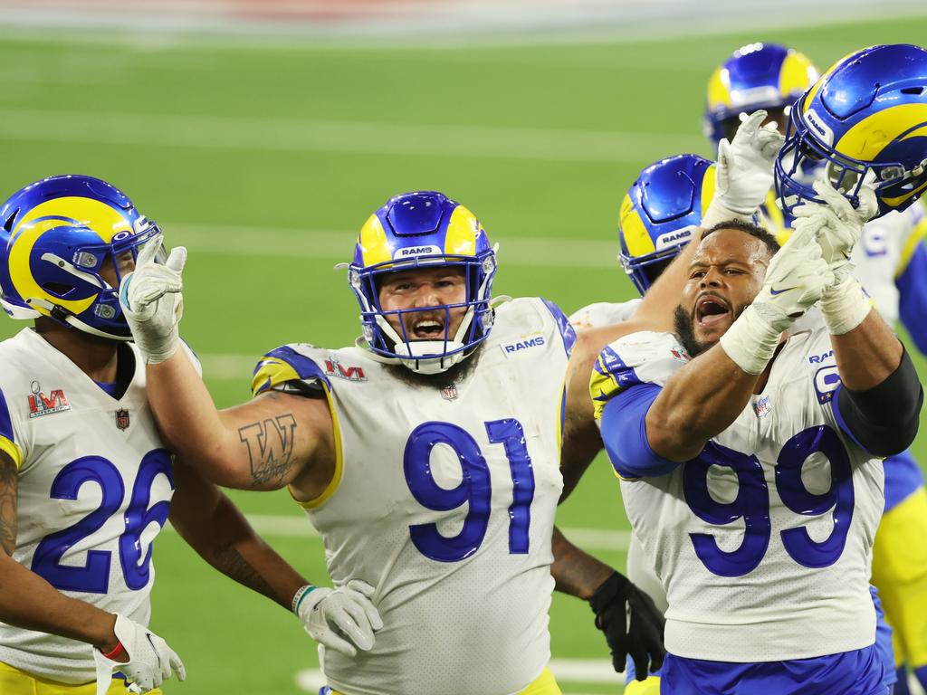 Aaron Donald called for a championship ring after his win-clinching sack. Picture: Rob Carr/Getty Images