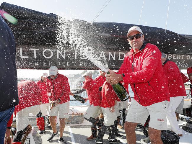 Skipper Mark Richards celebrates. Wild Oats XI skippered by Mark Richards claims a 9th line honours victory in the 2018 Sydney to Hobart Yacht Race. The yacht crossed the line in 1d 19hrs 7mins 21secs . Picture: RICHARD JUPE